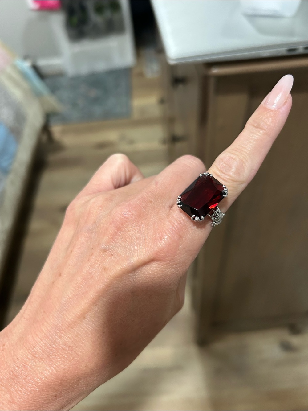 Deep Red Emerald-Cut Ring in Silver Tone for Women-Size 7